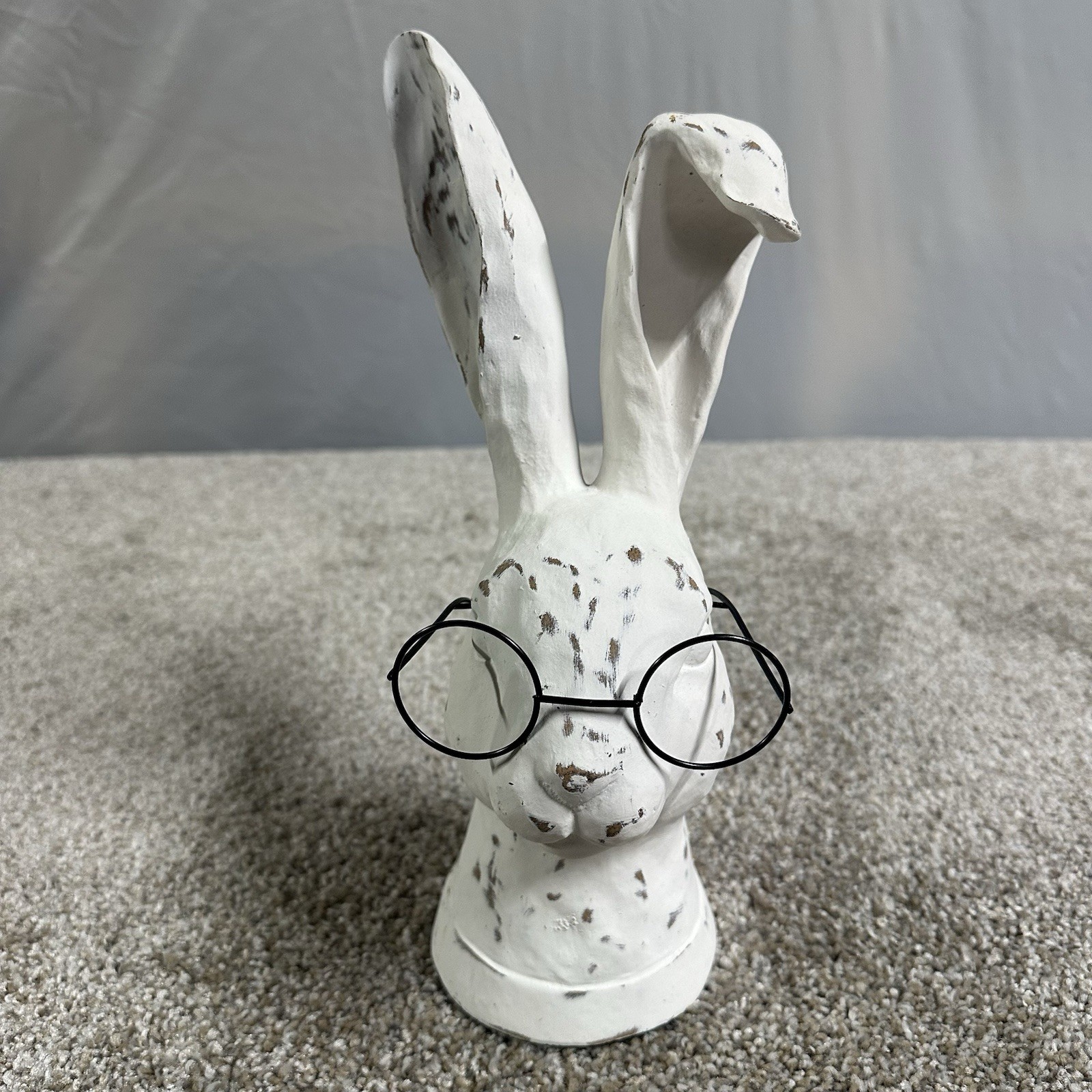 Decorative Bunny Figurine with Glasses, 10.5 inch, Distressed White Farmhouse.