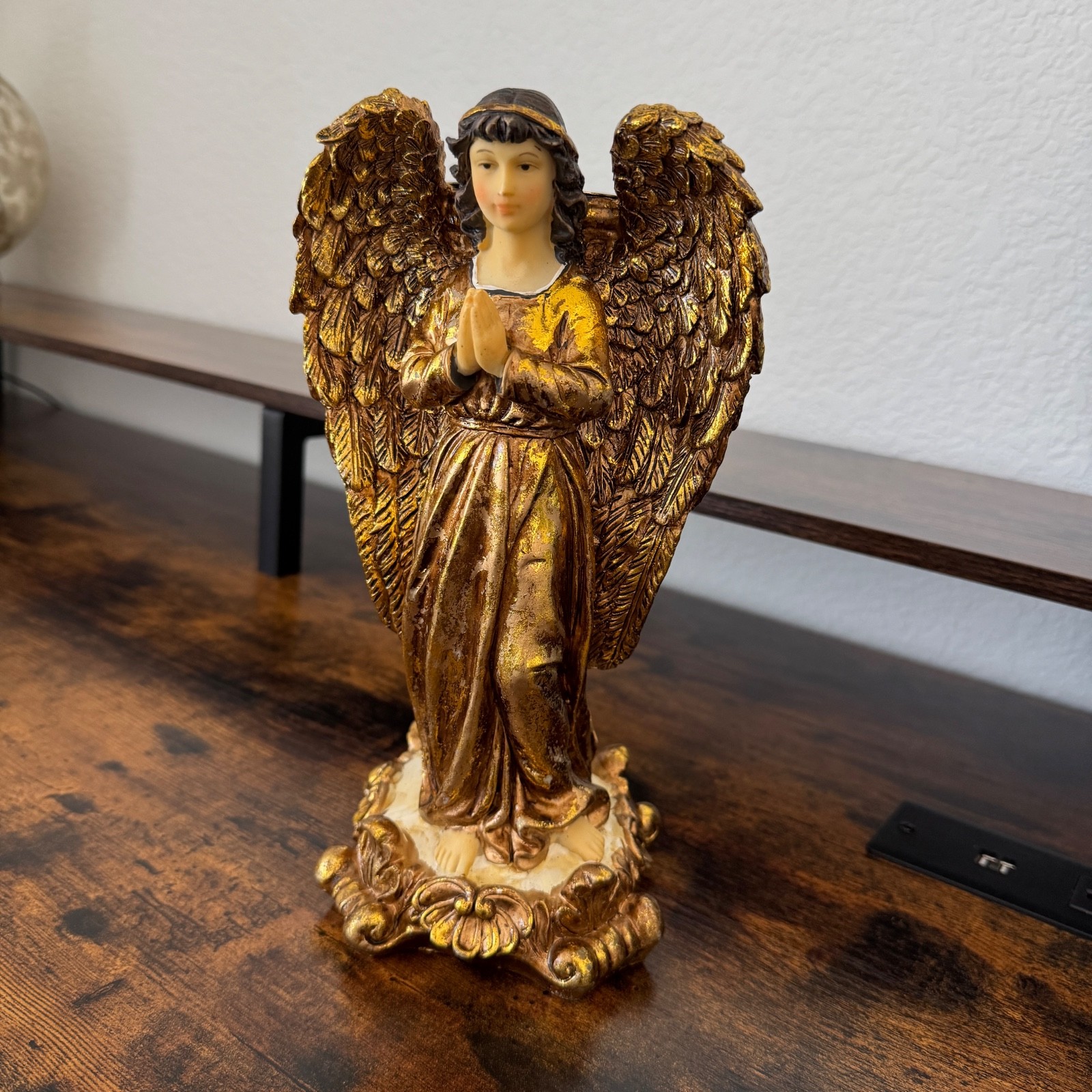 Gold Praying Angel Pedestal Candle Holder Holiday Religious Decor 10 in Tall