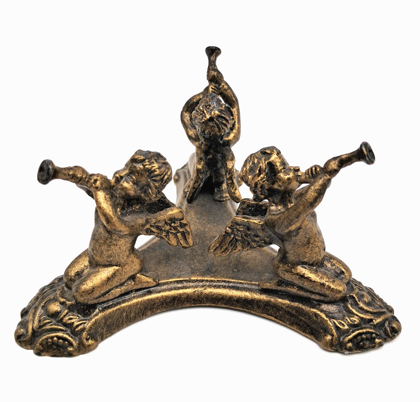 Vintage Display Stand Cherub Puti Angels Playing Trumpet Horns Cast Metal Tripod