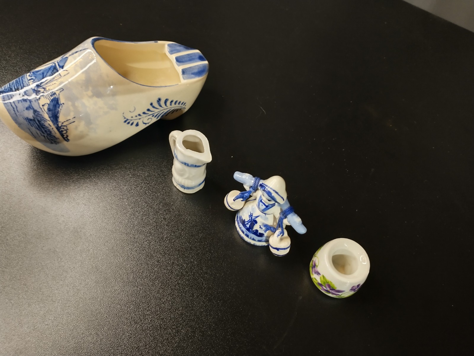 collection of Delft Blue and white ceramic collectibles from Holland