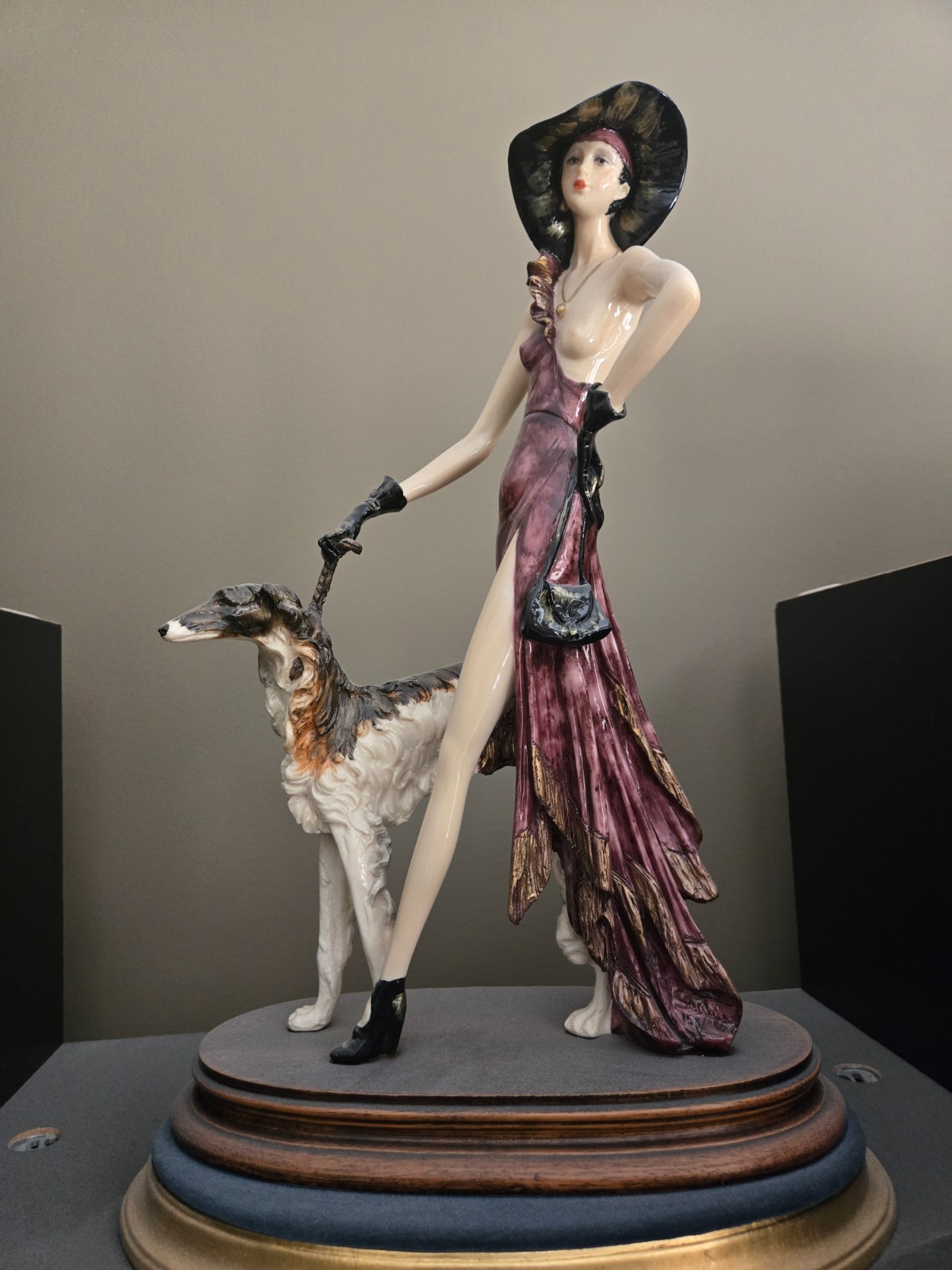 A. Santini Signed Porcelain Figurine – Elegant Lady with Borzoi Dog 17”