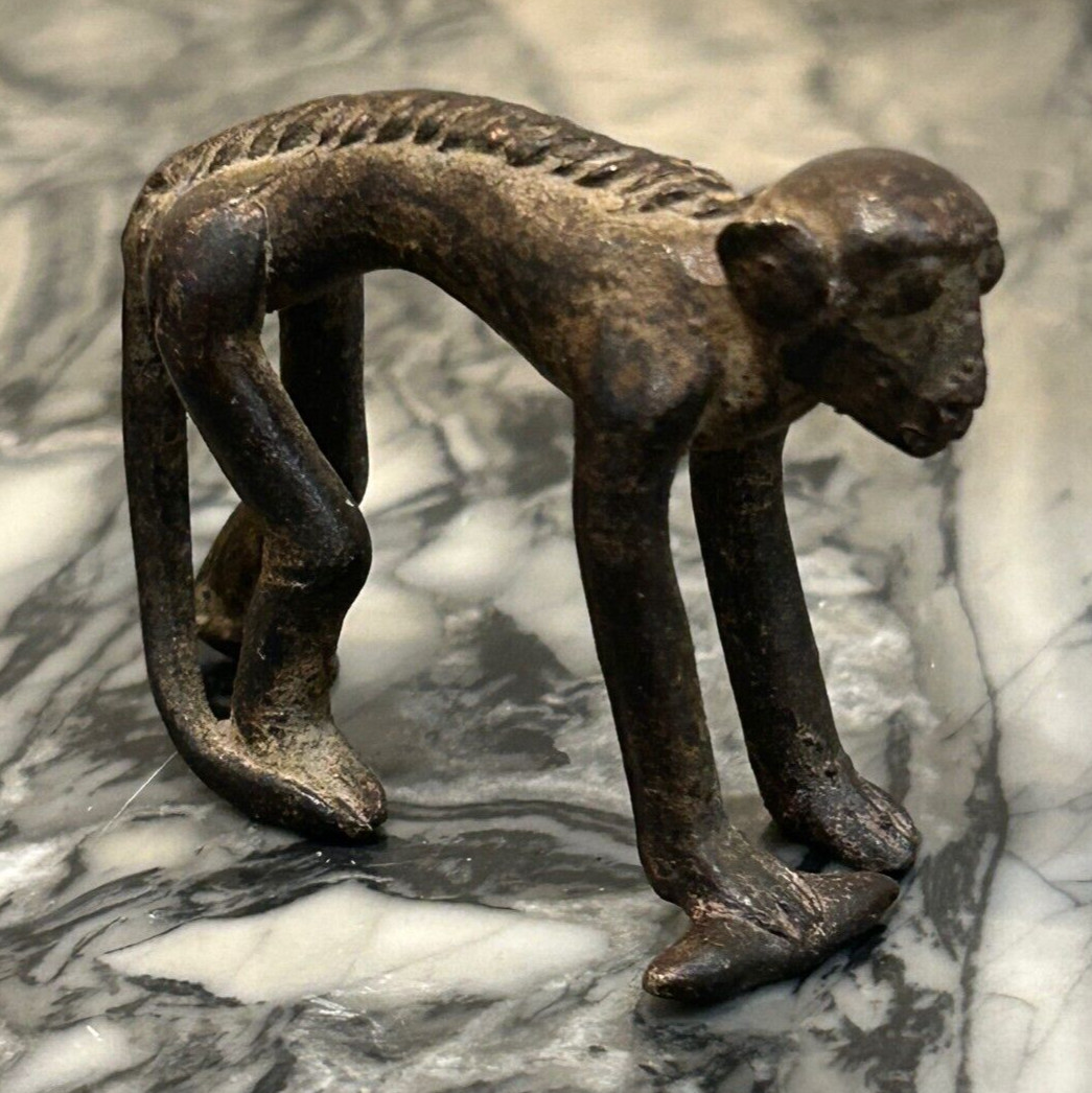 VINTAGE Bronze Brass Monkey Figurine with Banana in Hand 2″ X 1.75″