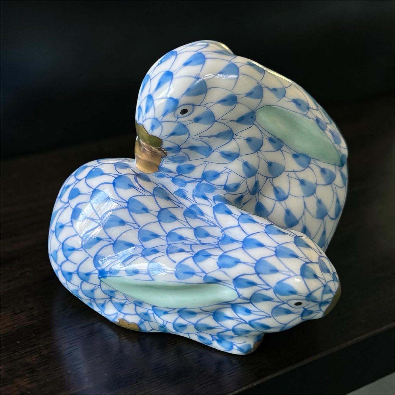 Herend Porcelain Pair of Rabbits Blue Fishnet Figurine Style 5324