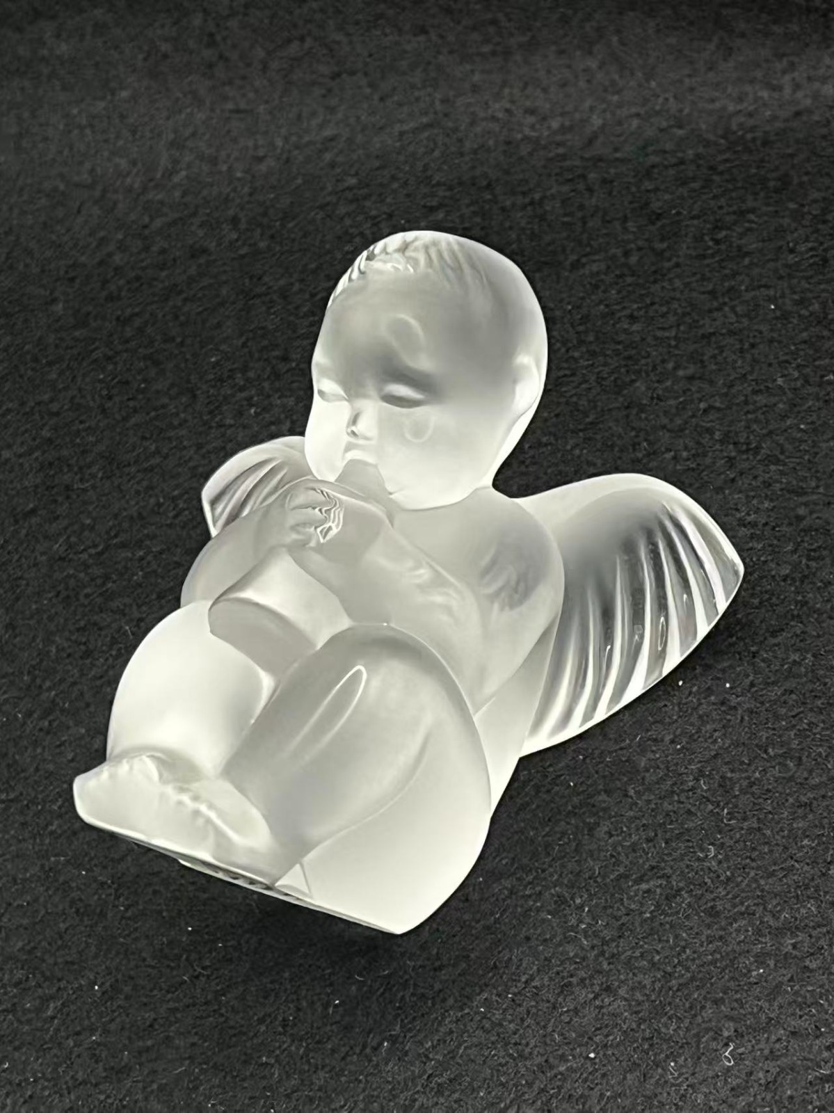 Lalique France Frosted Crystal Cherub Playing Flute Figurine 3.1in Tall