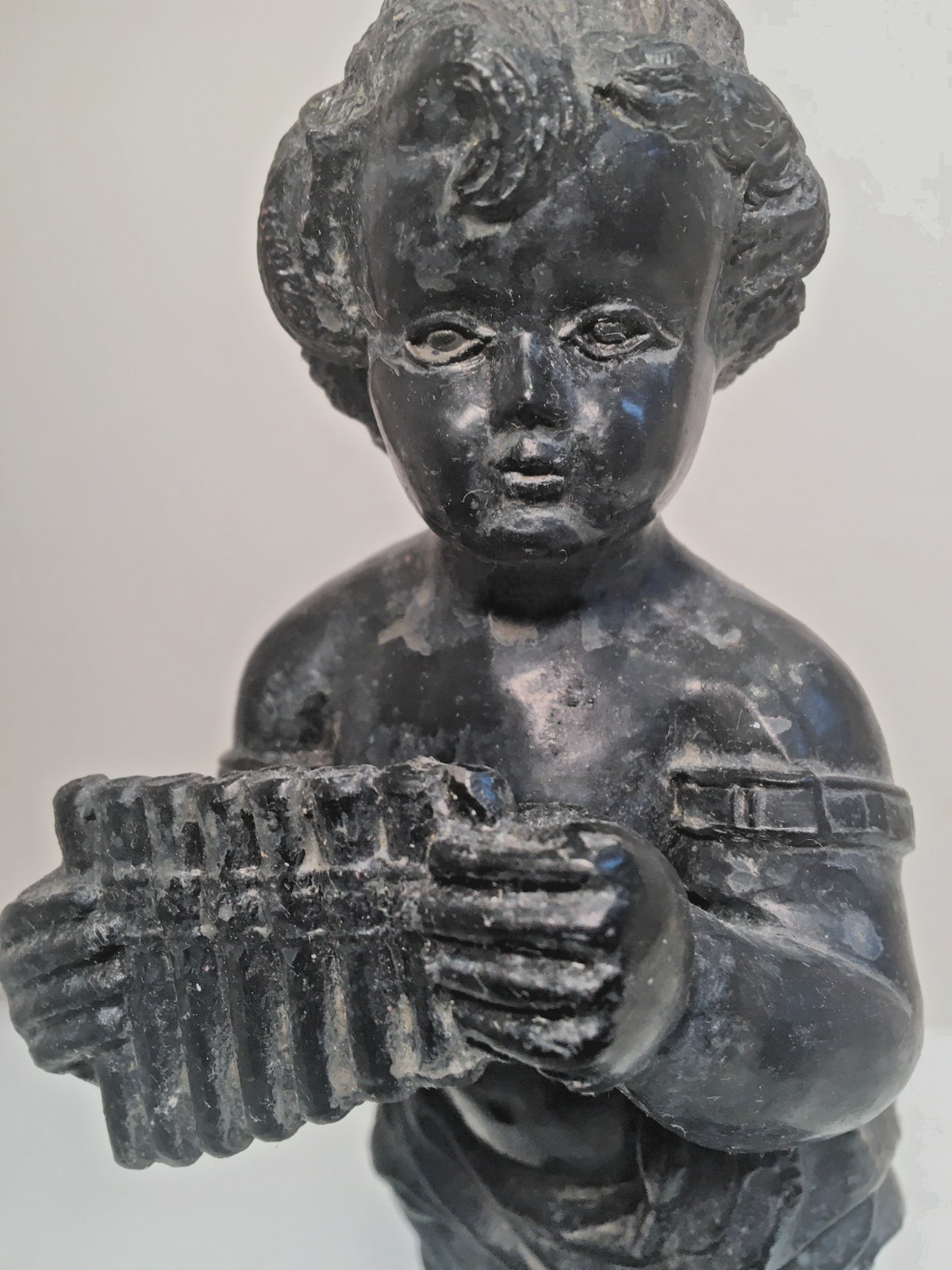 ANTIQUE SCULPTURE METAL SPELTER- BRONZE PAN SATYR FAWN ON MARBLE BASE MYTHOLOGY