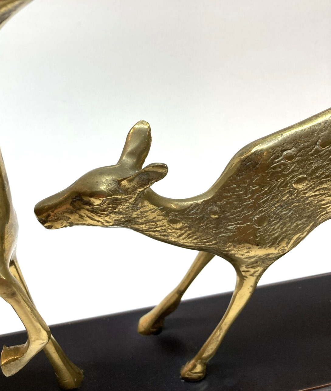 Solid Brass Buck and Doe Deer Figurines Mounted on Wood Base Vintage MCM Korea