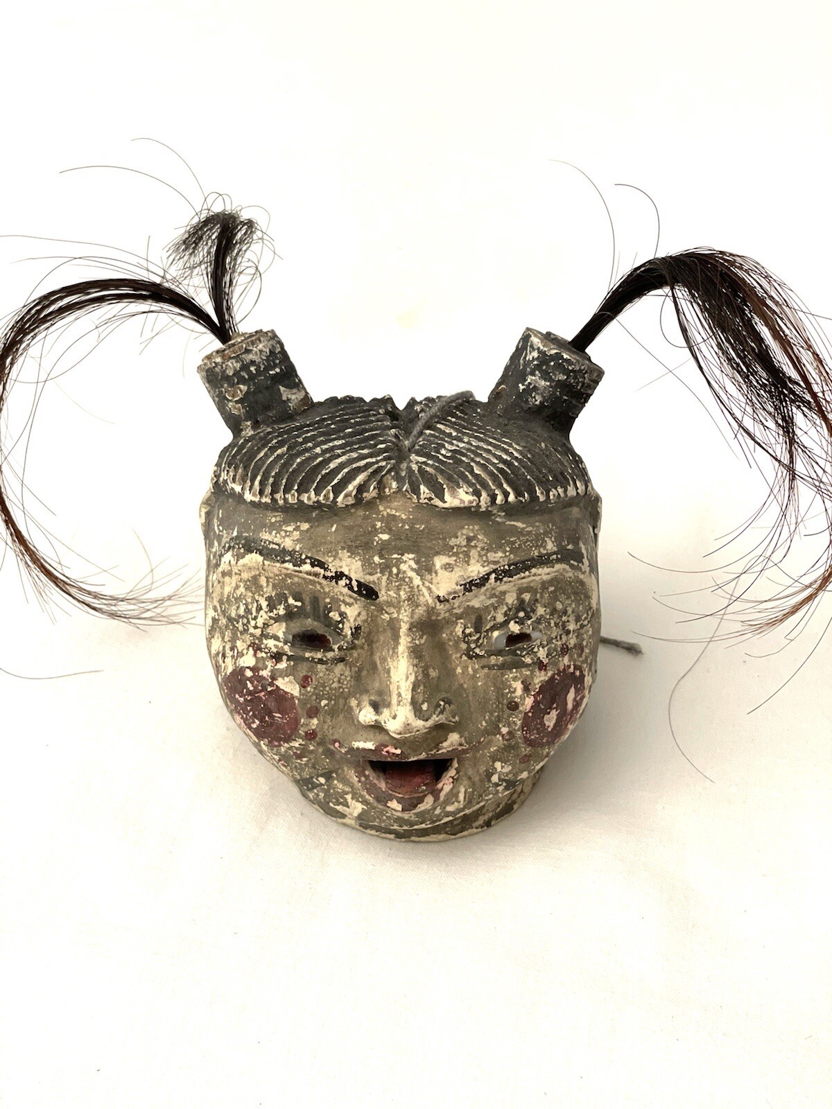 ANTIQUE / VINTAGE BURMESE POLYCHROMED WOOD ANIMATED PUPPET HEAD W/ GLASS YES 