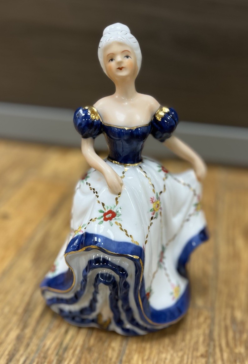 KPM Royal Berlin Germany Porcelain Dancing Lady, Blue & White Dress, Gold Trim