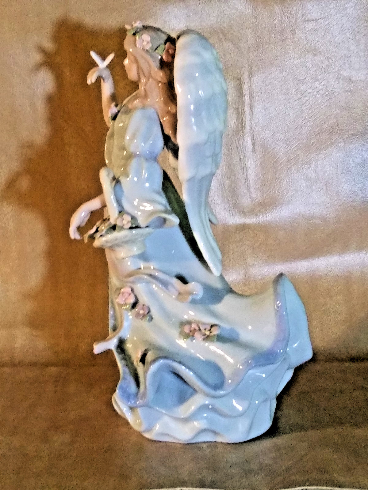 Porcelain ANGEL Figurine W/ Sky Blue Gown, Flower Basket & Butterfly Music Box