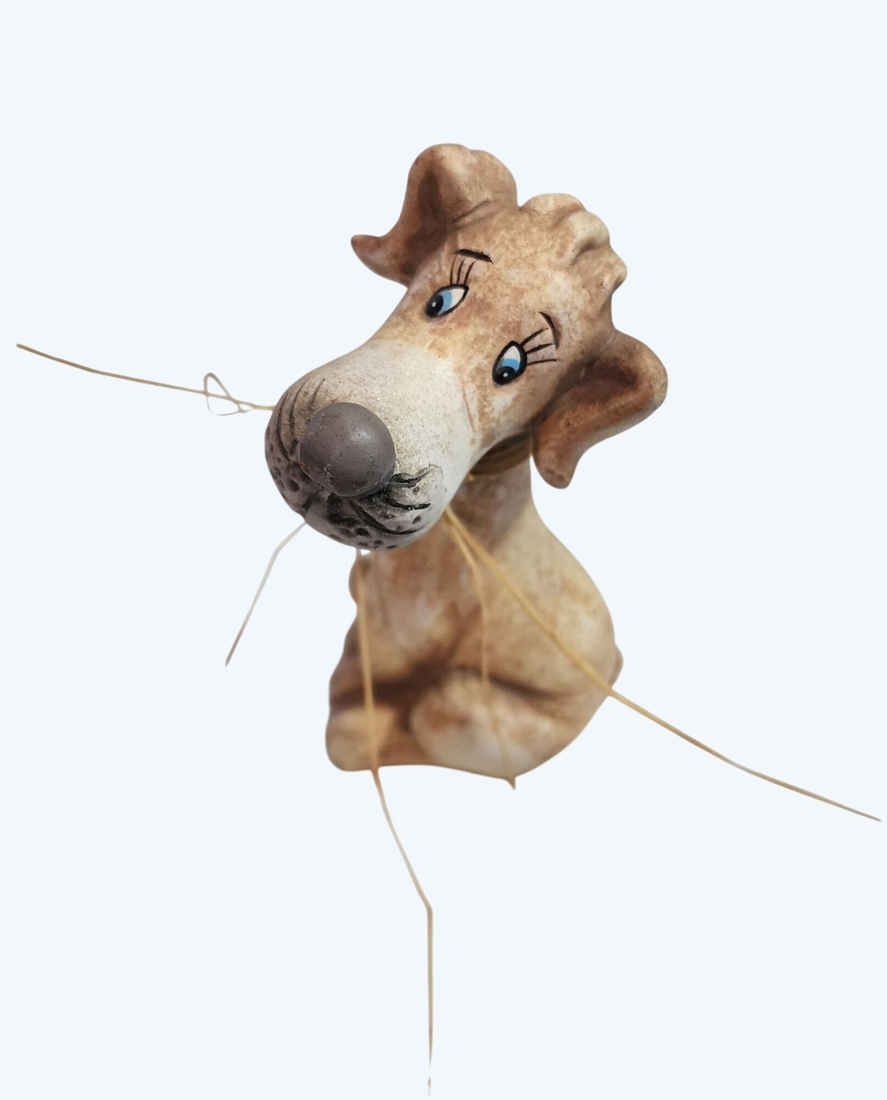Ceramic Dog Figurine w Raffia Bow Rustic Decor Hand-Painted 4.75 Inches Tall