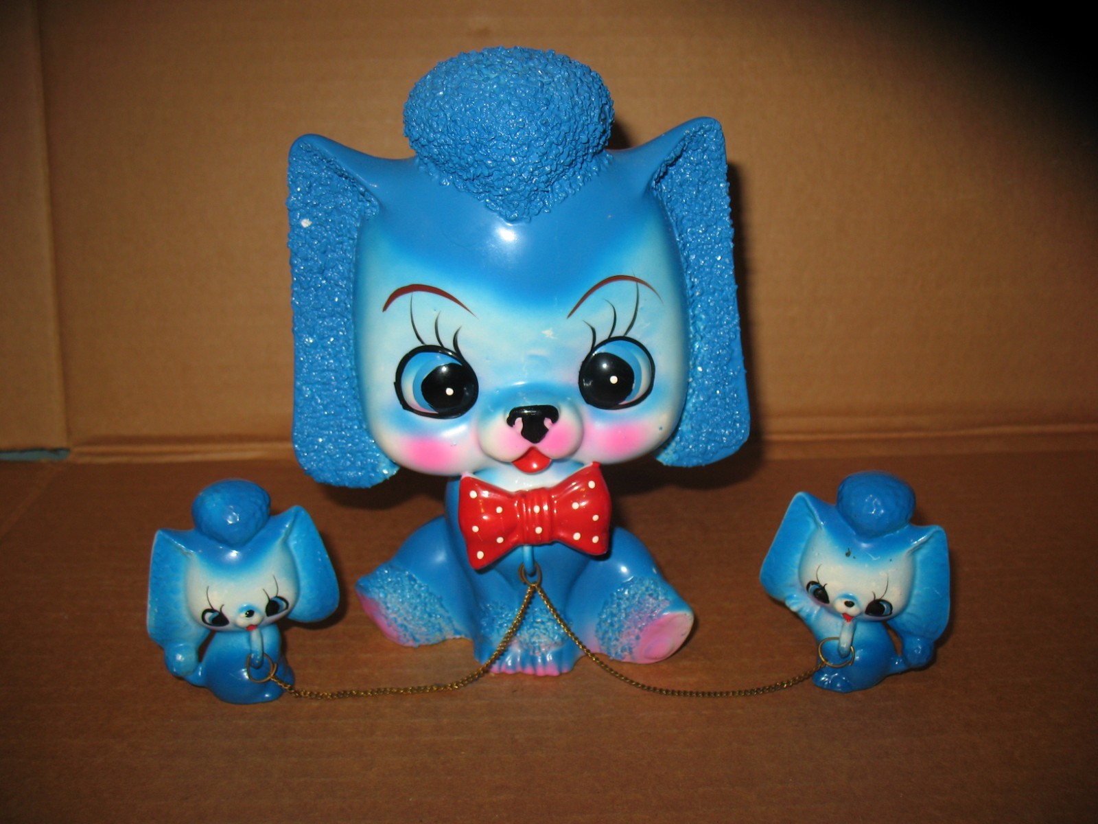 Rare Anthropomorphic Blue Poodle & 2 Puppies On Chains Fairyland Imports Japan
