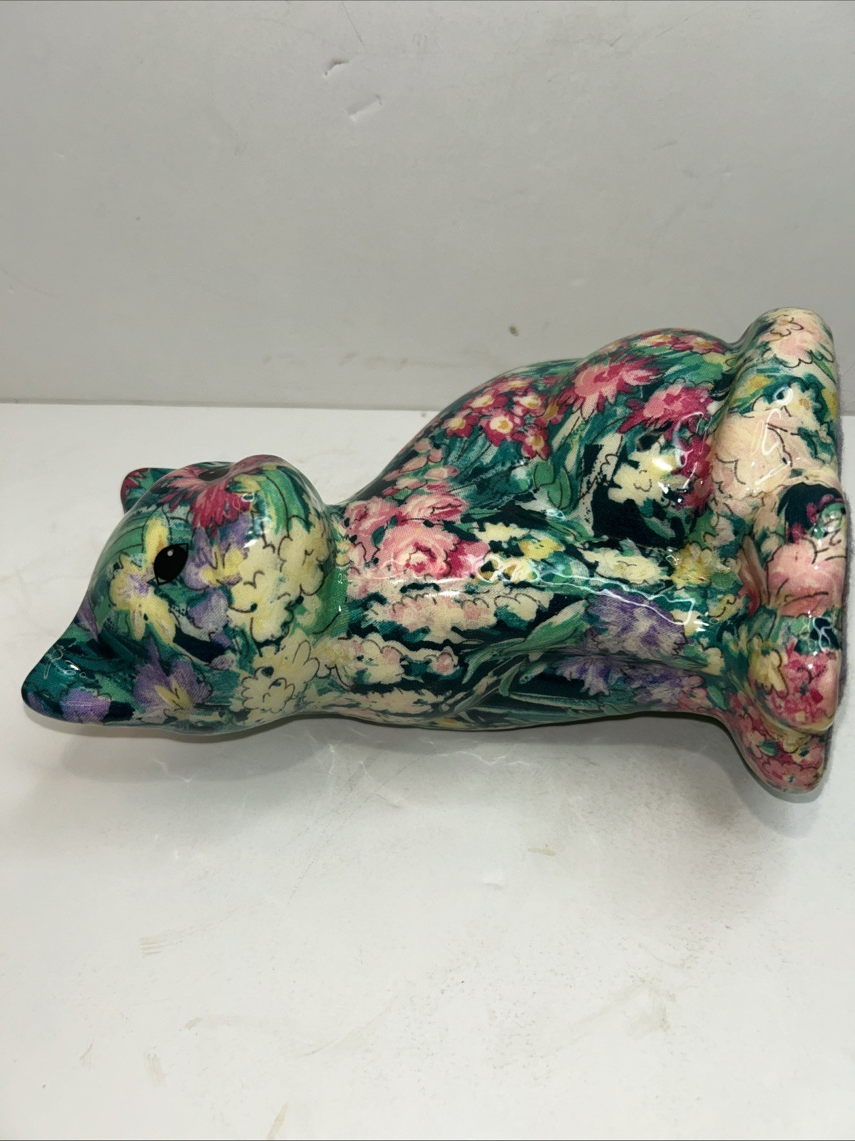 VTG Patchwork Cat Kitty Figurine Joan Baker Designs Floral Pink Green Yellow 7”