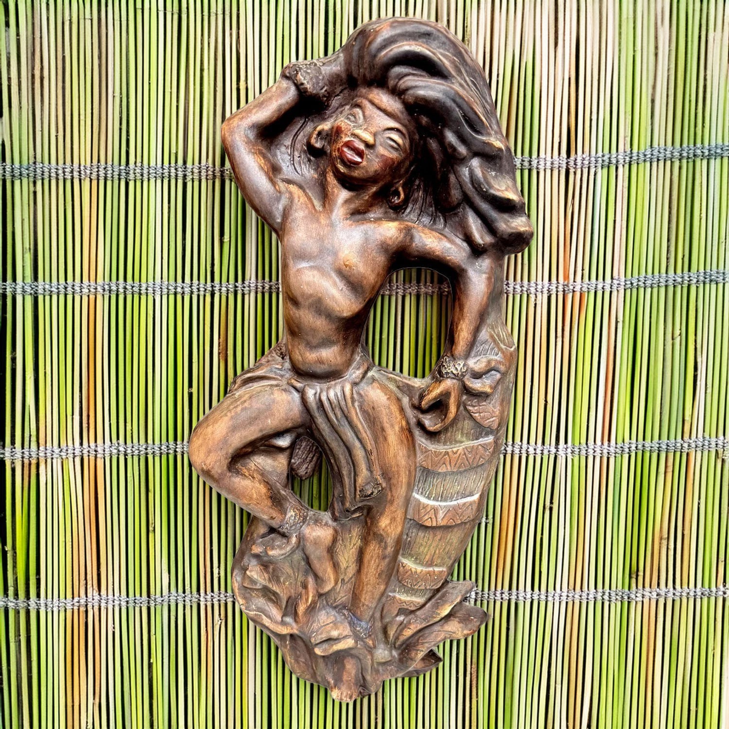 Vintage 1940s Male Polynesian Dancer Figural Chalkware Wall Plaque 22″ Tall