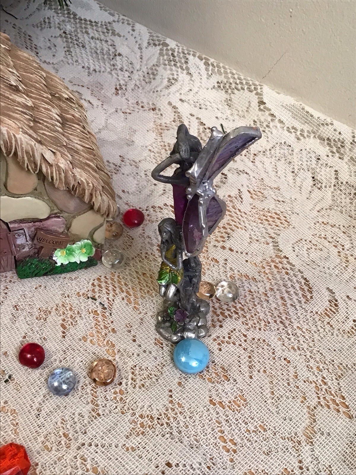stained glass Cast FAIRY w Blue Iridescent Wings OOAK free standing – Garden Art