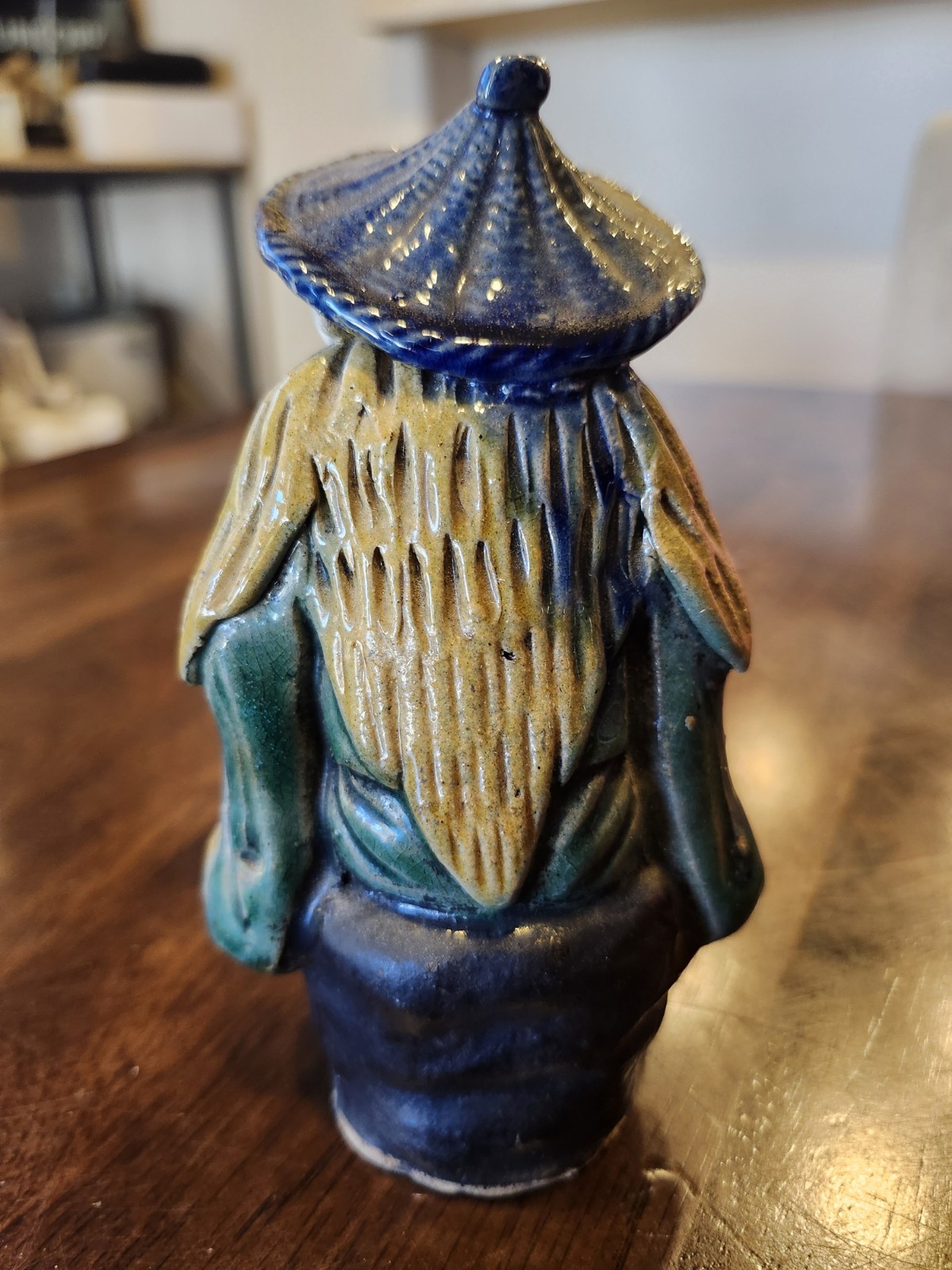 Glazed Ceramic Asian Mud Man Figurine Seated w/ Hat Holding Cup 5.75 in Tall