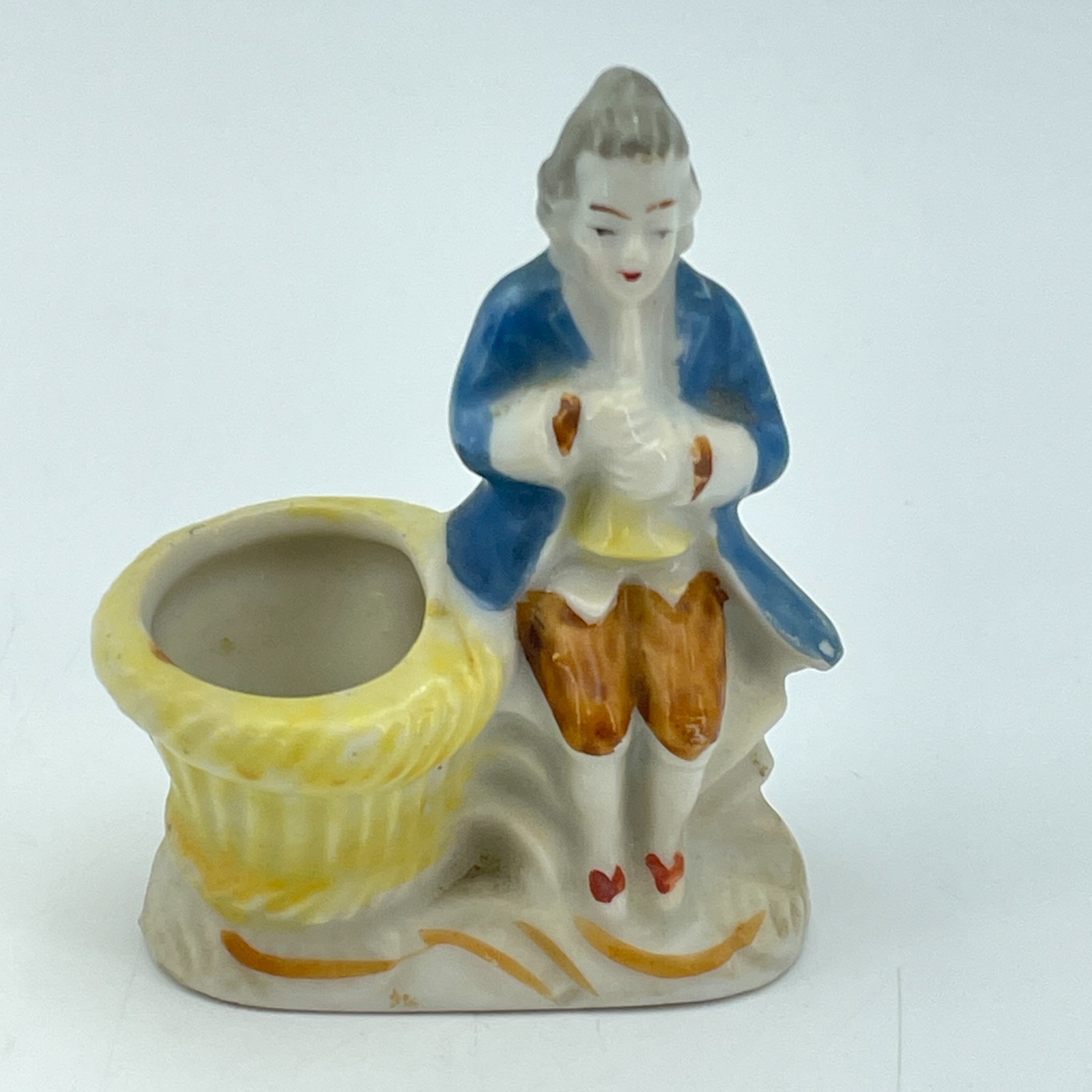 Occupied Japan Colonial Man Blue Coat Yellow Basket Porcelain Planter 2.5in