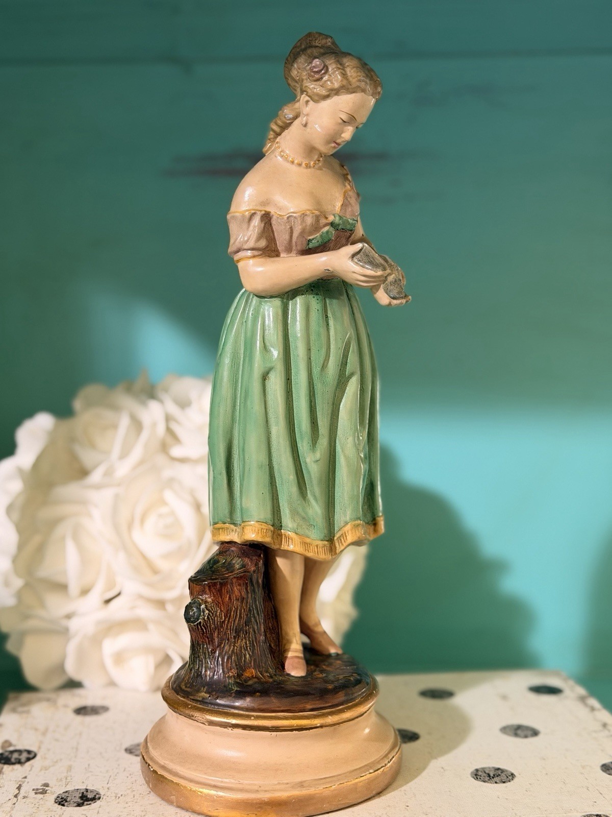 VTG Borghese Handpainted Peasant Girl Holding a Bird Chalkware Figurine 11″ USA