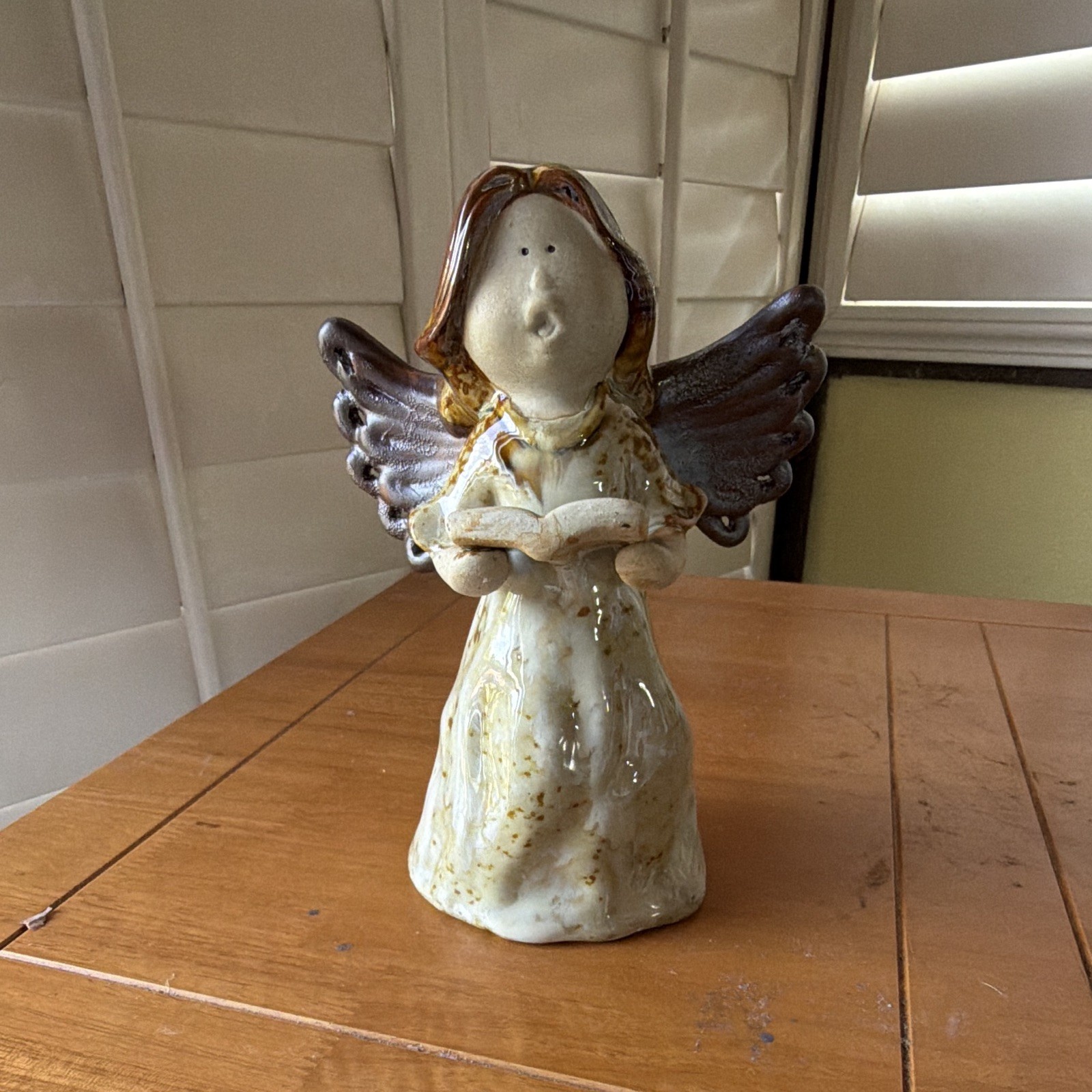 Hand Painted Glazed Ceramic Angel Figurine White Brown Gold Wings Book