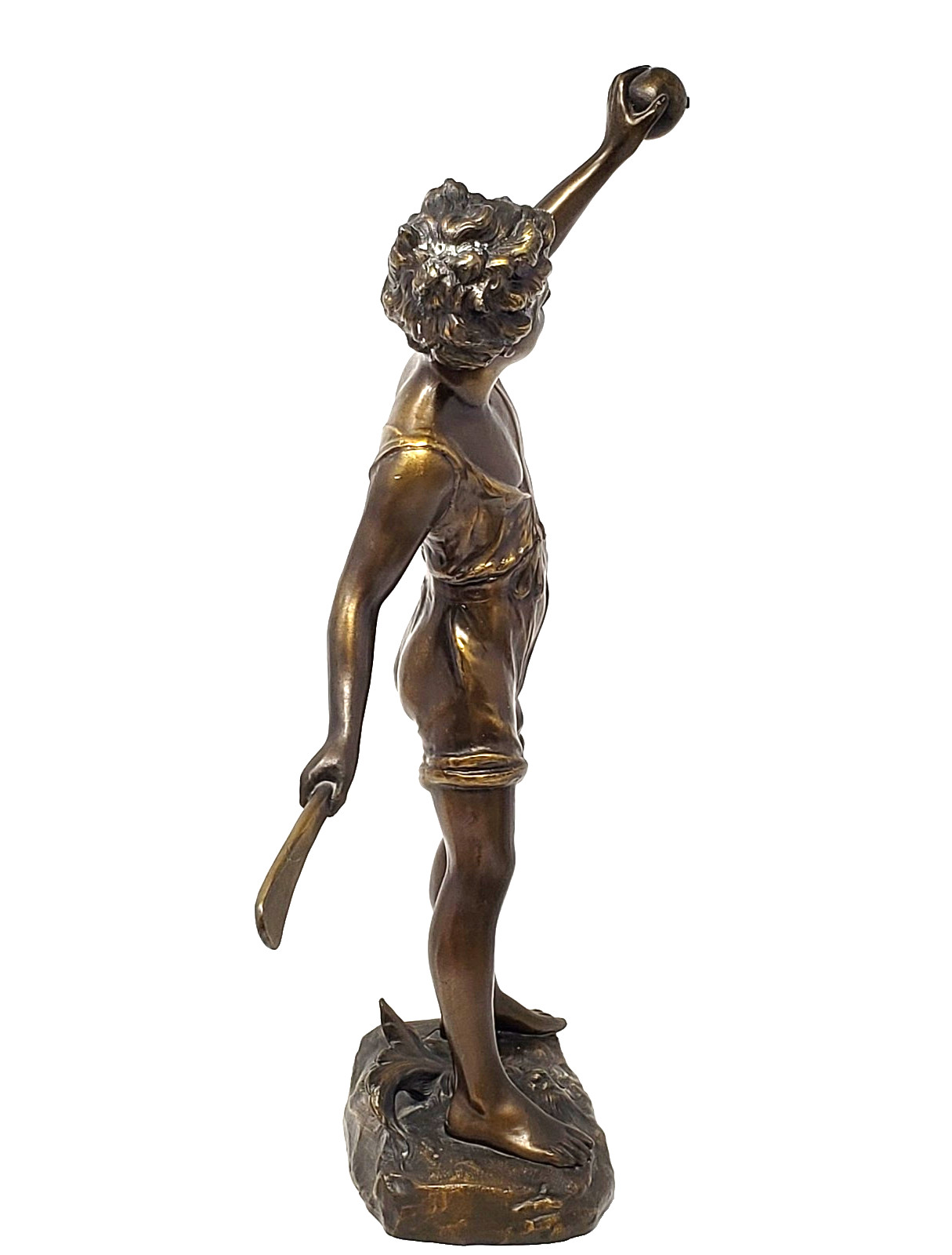 Antique Bronze Sculpture Cricket Boy Signed F. Iffland Art Nouveau 14.5″