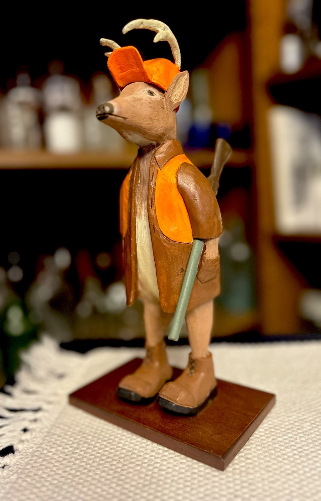 Carved Wooden Deer Figurine Whimsical Whitetail Buck Going Hunting 10”