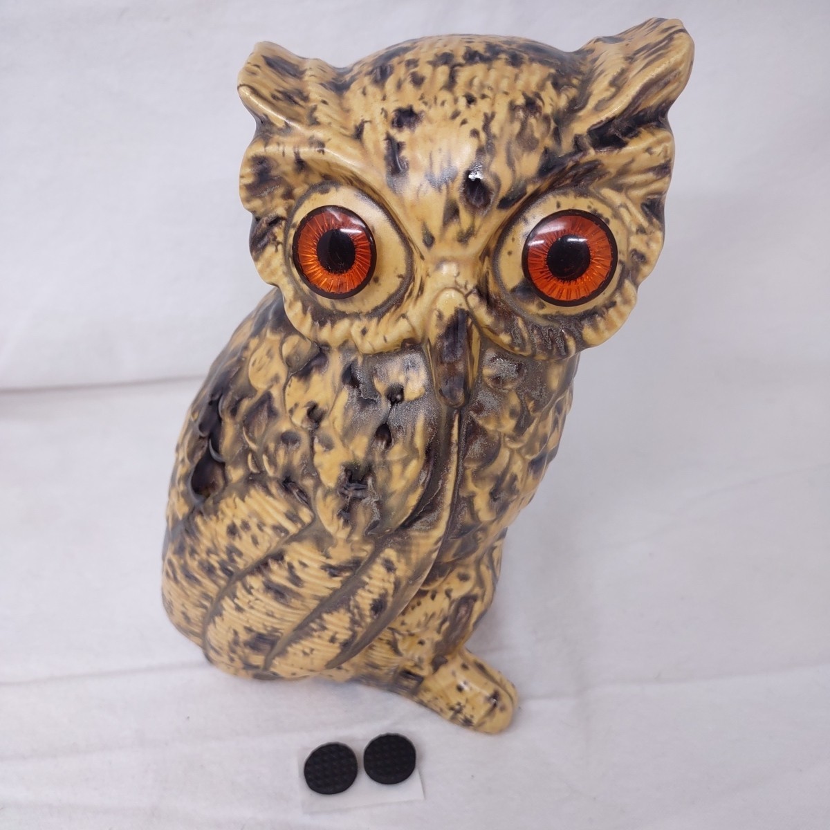 Vintage Gold & Brown Glazed Ceramic Owl Decor Figure Big Groovy Orange Eyes 70s
