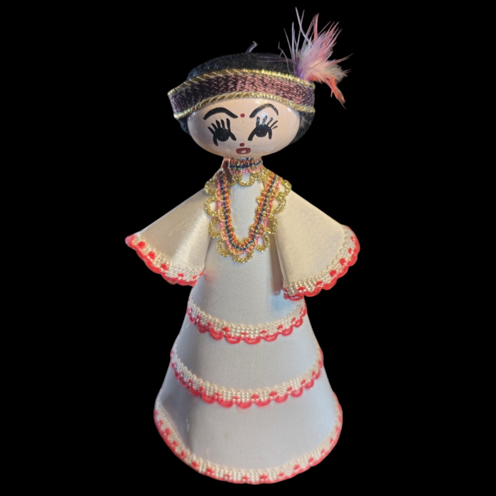 Vtg Set of 3 Figurines Ethic Girl Retro Ornaments 5.5″ Cardboard Wood Fabric