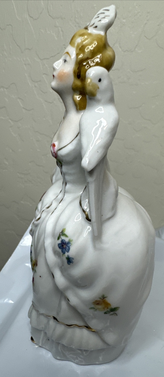 Porcelain Figurine, Victorian Lady with Bird, 7 1/4″ Japan
