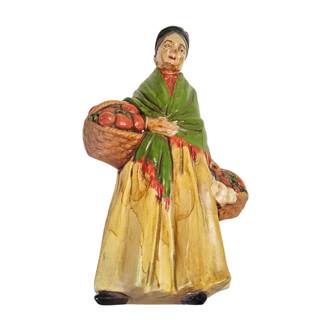 Vtg Wood Carving | Old Woman Carrying Apple Baskets | 8″ | Numbered on Bottom