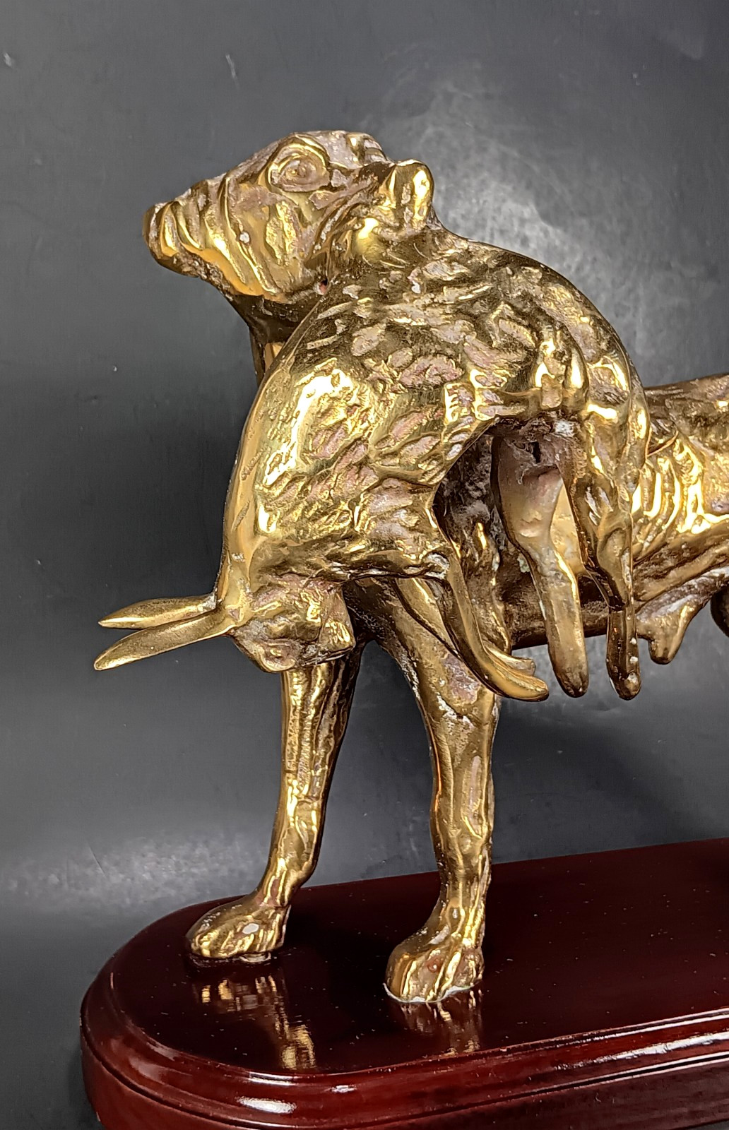 Brass Hunting Dog Statue w/Hare Rabbit Sculpture on Wood Base Vintage