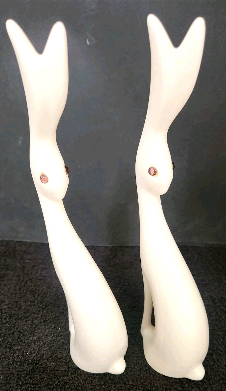 2 Modern White Bunnies Easter Rabbits Ceramic Slim Figures Statue Purple RS Eyes