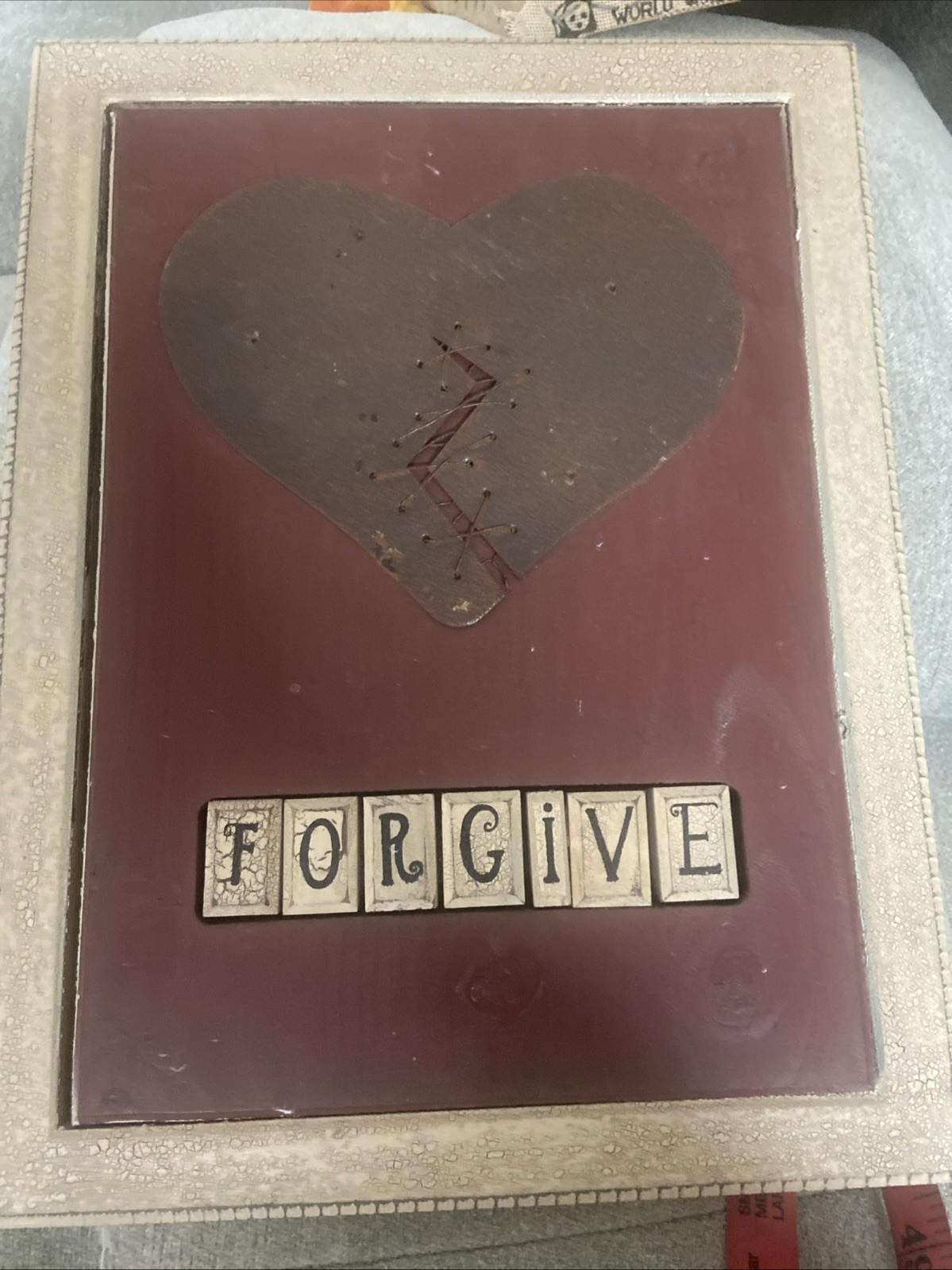 Dan DiPaolo Primitive Broken Heart Sewn Wood & Tin “ Forgive” Wall Art Picture