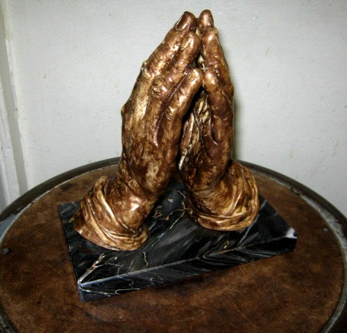 Vintage Praying Hands Sculpture Black Alabaster Marble Base 8.5” Italian