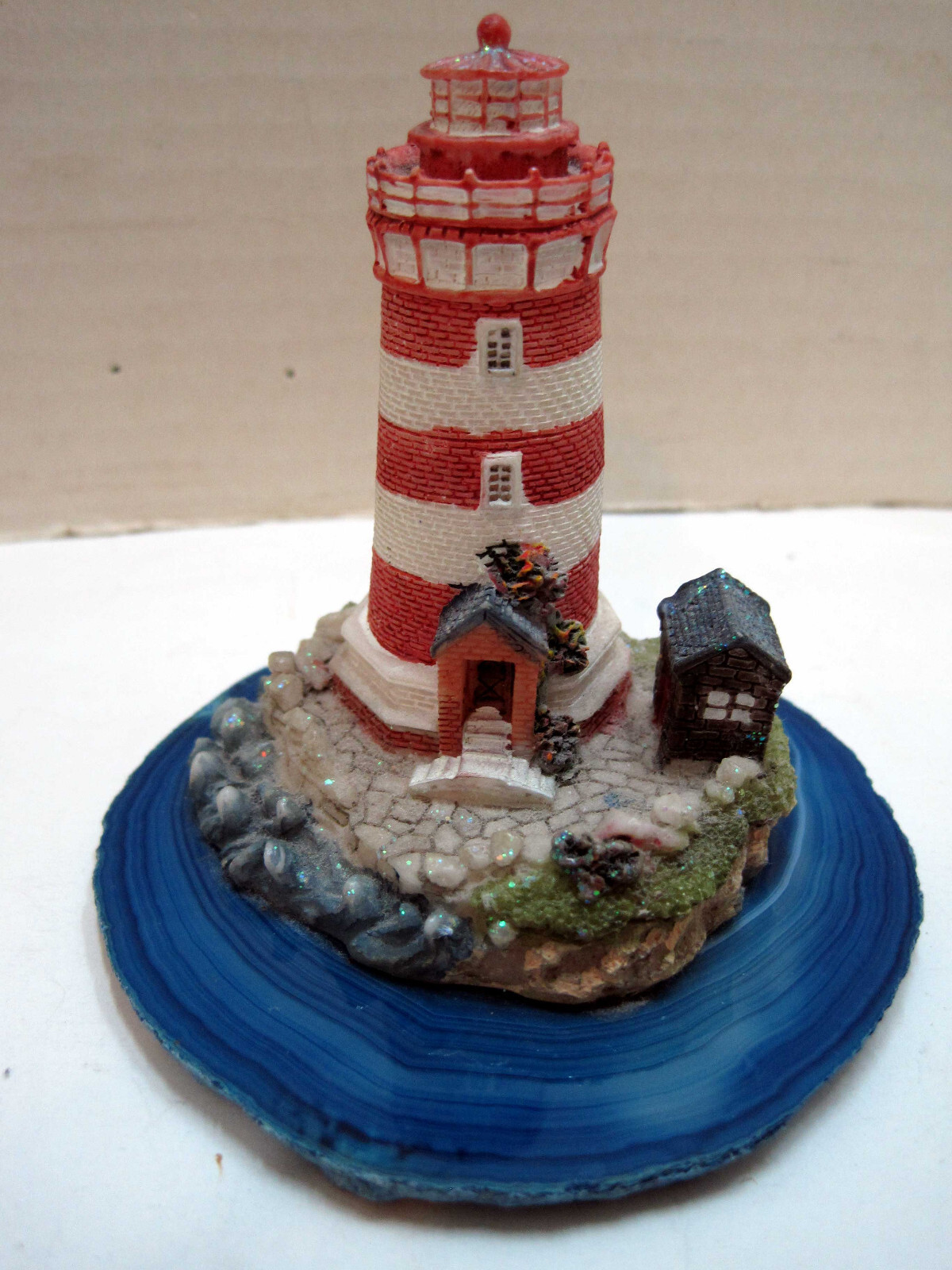 Vintage Lighthouse On Ocean Blue Agate Stone Base Hand Painted Made in Brazil
