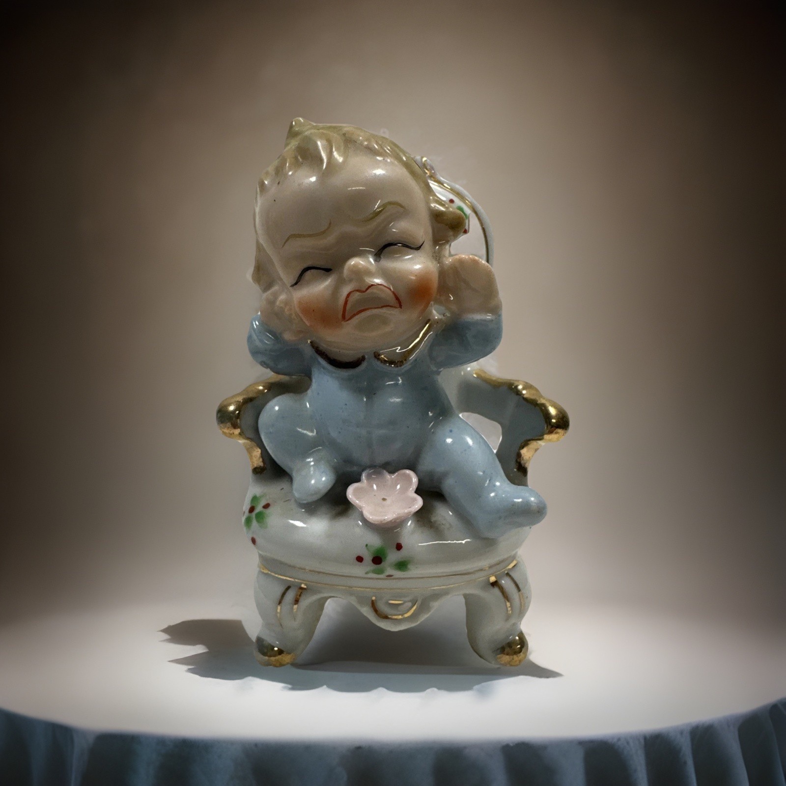 MCM Crying Baby Blue PJs in Chair Figurine Porcelain Hand Painted Japan VTG