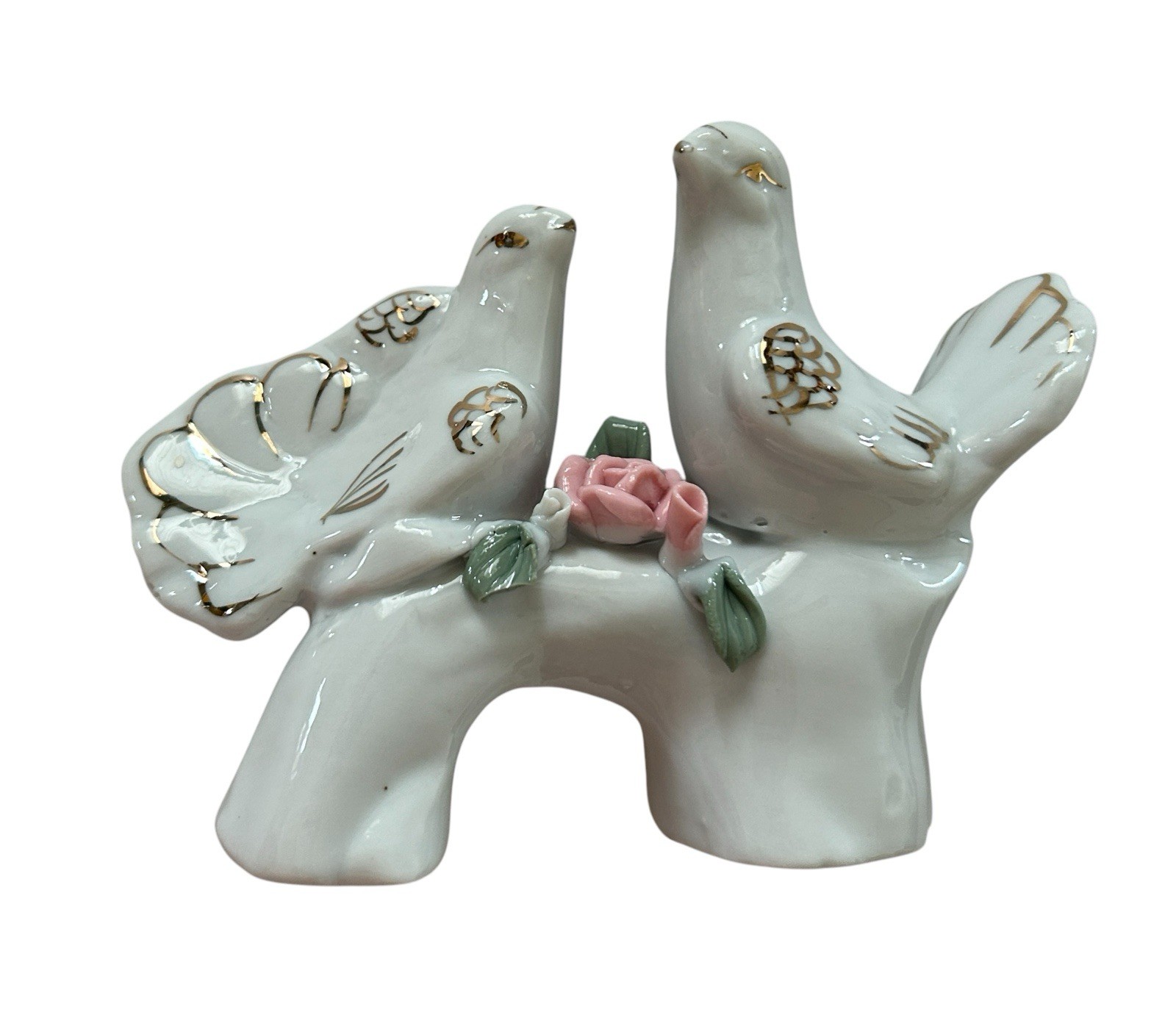 2 White Doves With Gold Trim and Pink Flower Leaves Figurine Vintage China GUC