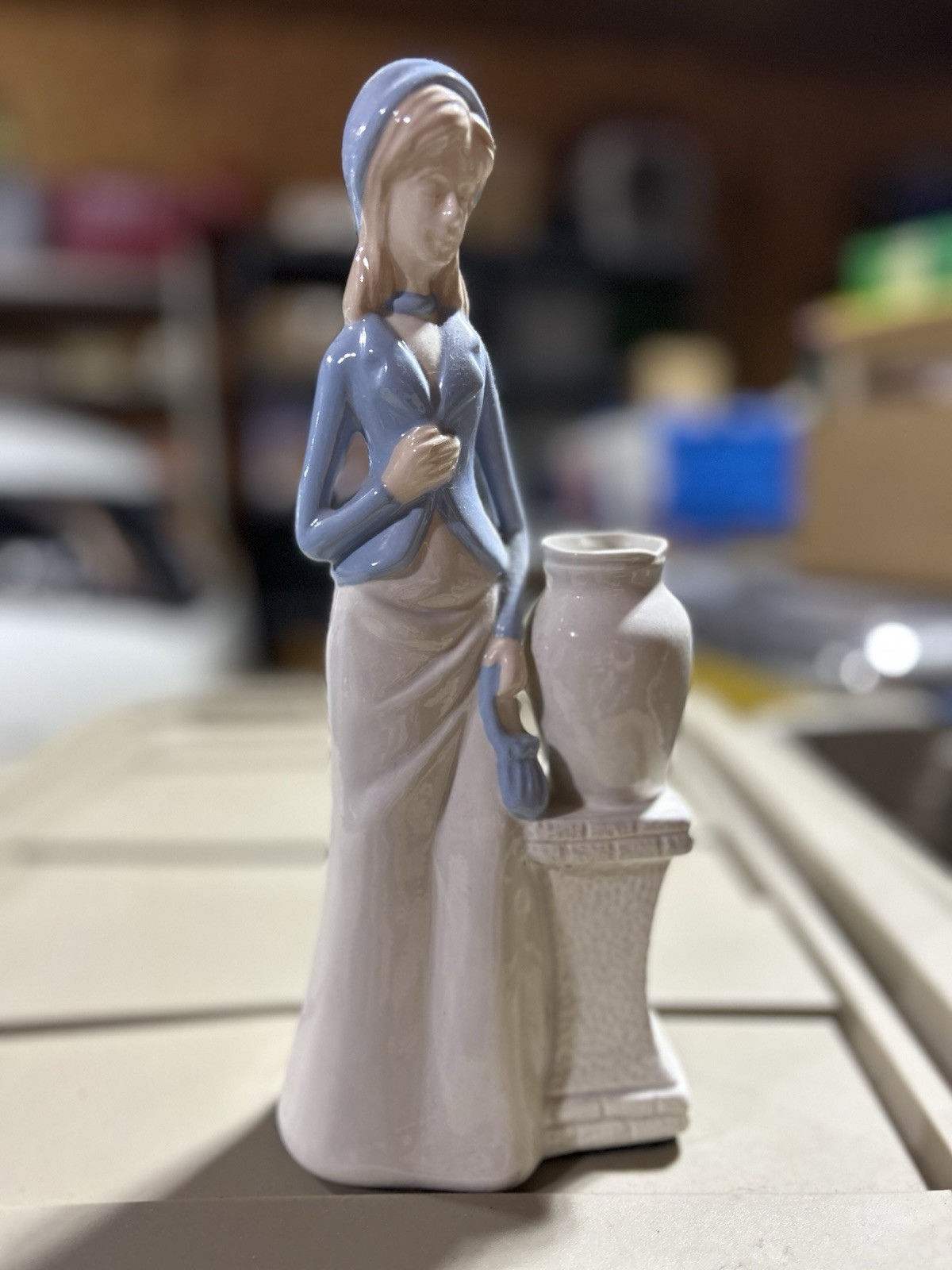 Unique Vintage Porcelain Figure of Woman Next to Jug on Stand 10.5″ Lladro-Style