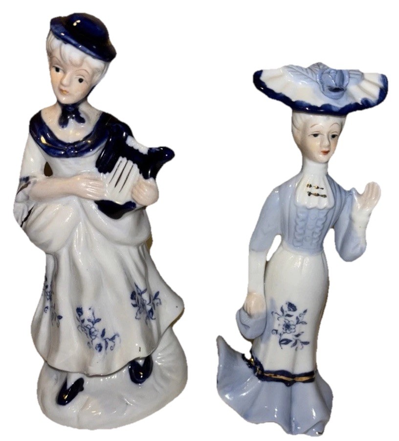 2 Blue&white Vntg Victorian Women Porcelain Figurines w/ Gold Detailing (#143)