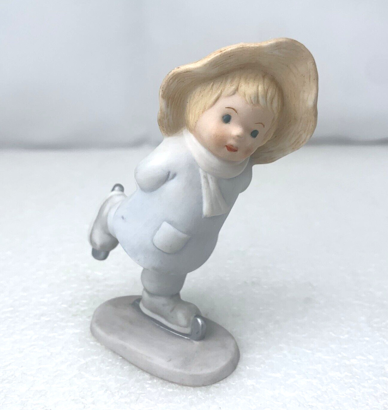 Roger Brown Blue Button Twins Ice Skating Boy Christmas Porcelain Figurine, 1983
