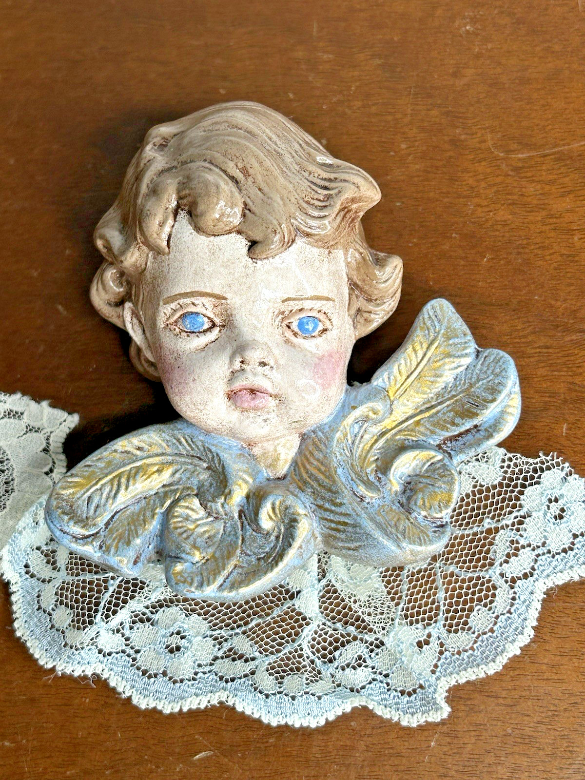 2 Vintage Angel Cherub Face Head Boy Girl Lace Wall Hanging Decor 5”
