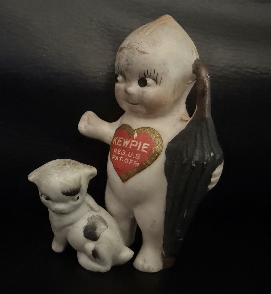 Antique Rose O’Neill Kewpie Traveler with Doodle Dog, Umbrella C1910-30 Label