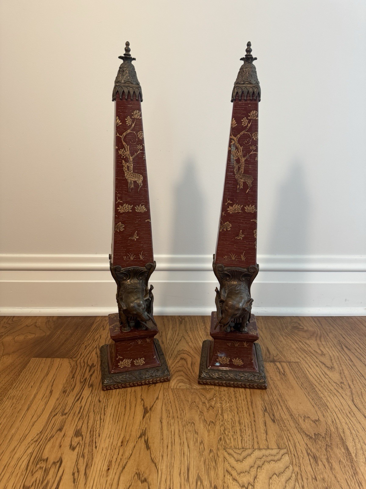 Wong Lee 1895 Pair of Decorative Elephant Obelisks with Bronze and Porcelain