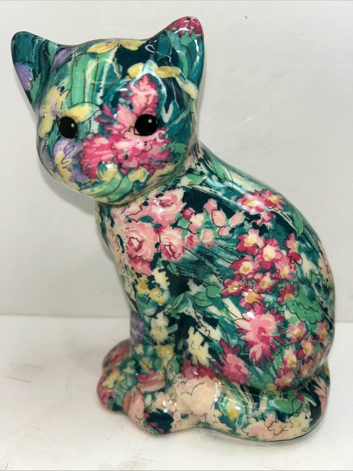 VTG Patchwork Cat Kitty Figurine Joan Baker Designs Floral Pink Green Yellow 7”