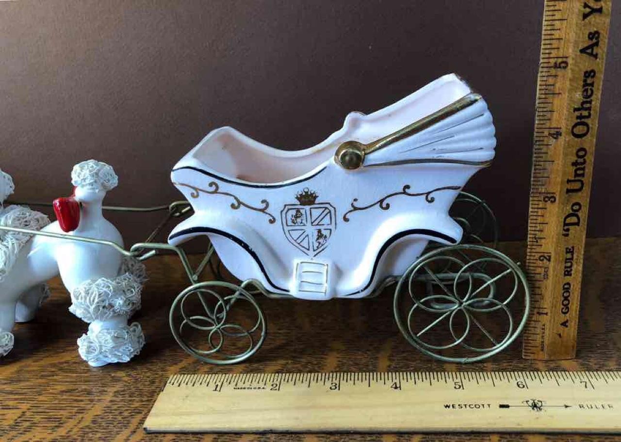 Vintage Napco Pink Gold Buggy Carriage Spaghetti Trim Poodle Dog Sleigh Planter