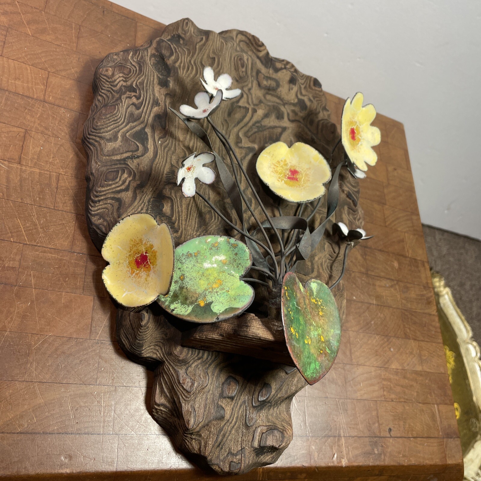 Vintage Mid Century Wood Wall Sculpture Enamel Copper Creations Lee Murrell RARE