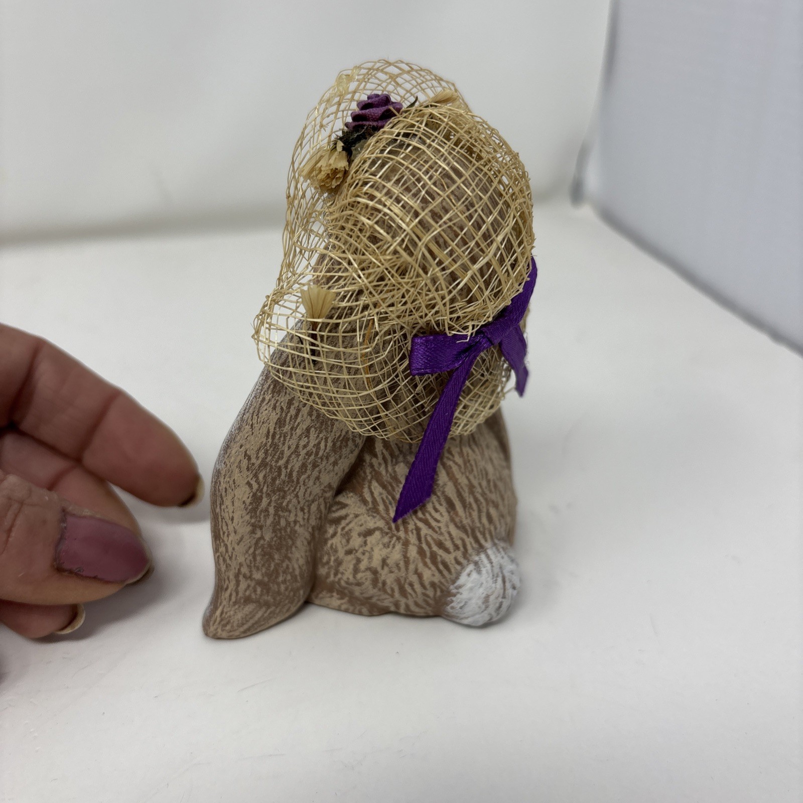 VTG 1980’s Scioto Brown & White Floppy Ear Ceramic Bunny Rabbit Hat W/purple Bow