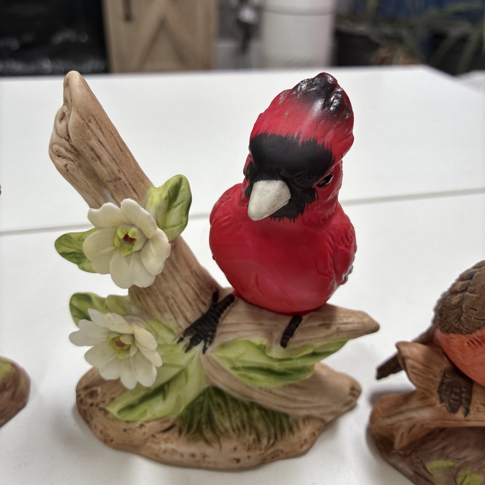 Bird Figurine Set of 4 | Songbirds on Flowers | Spring Gift Decor 4” Porcelain