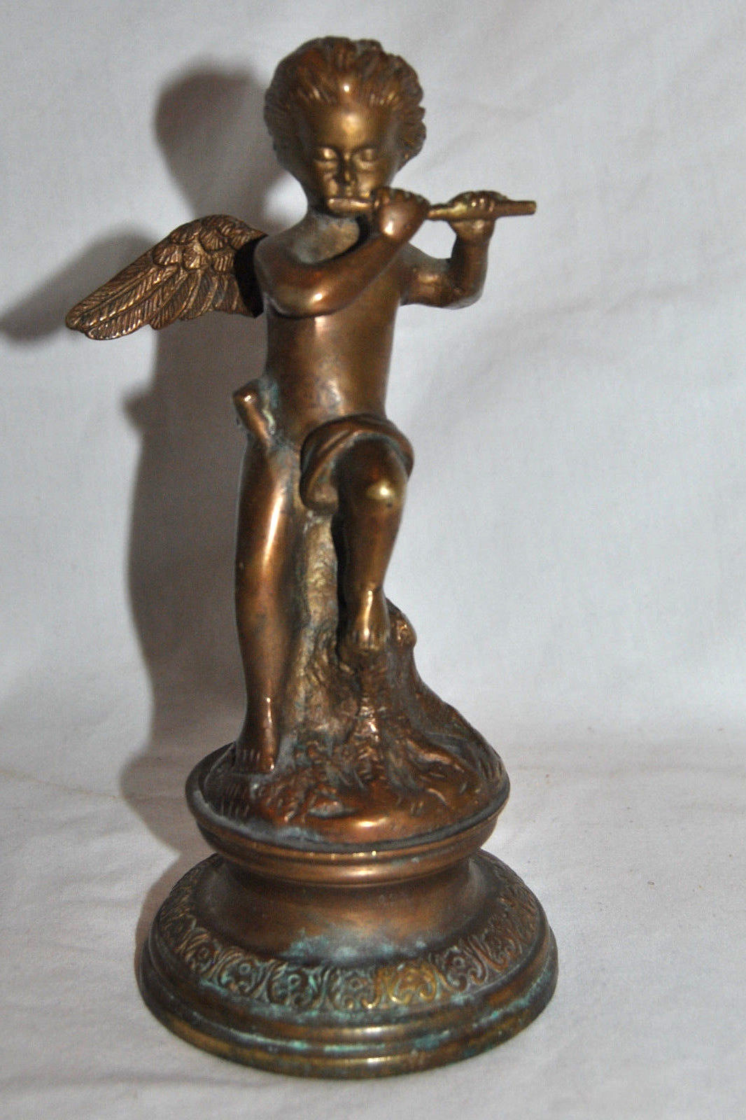 Fabulous Antique Putti Cherub Playing Flute Bronze Unmarked 7 5/8″H
