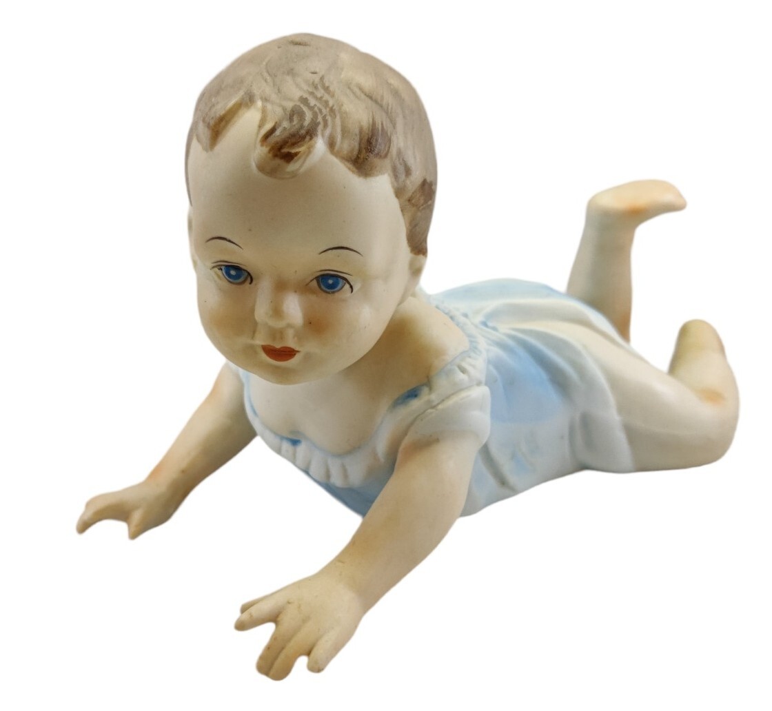 Vintage German Bisque Piano Baby Boy Blue Eyes and Clothes Crawling
