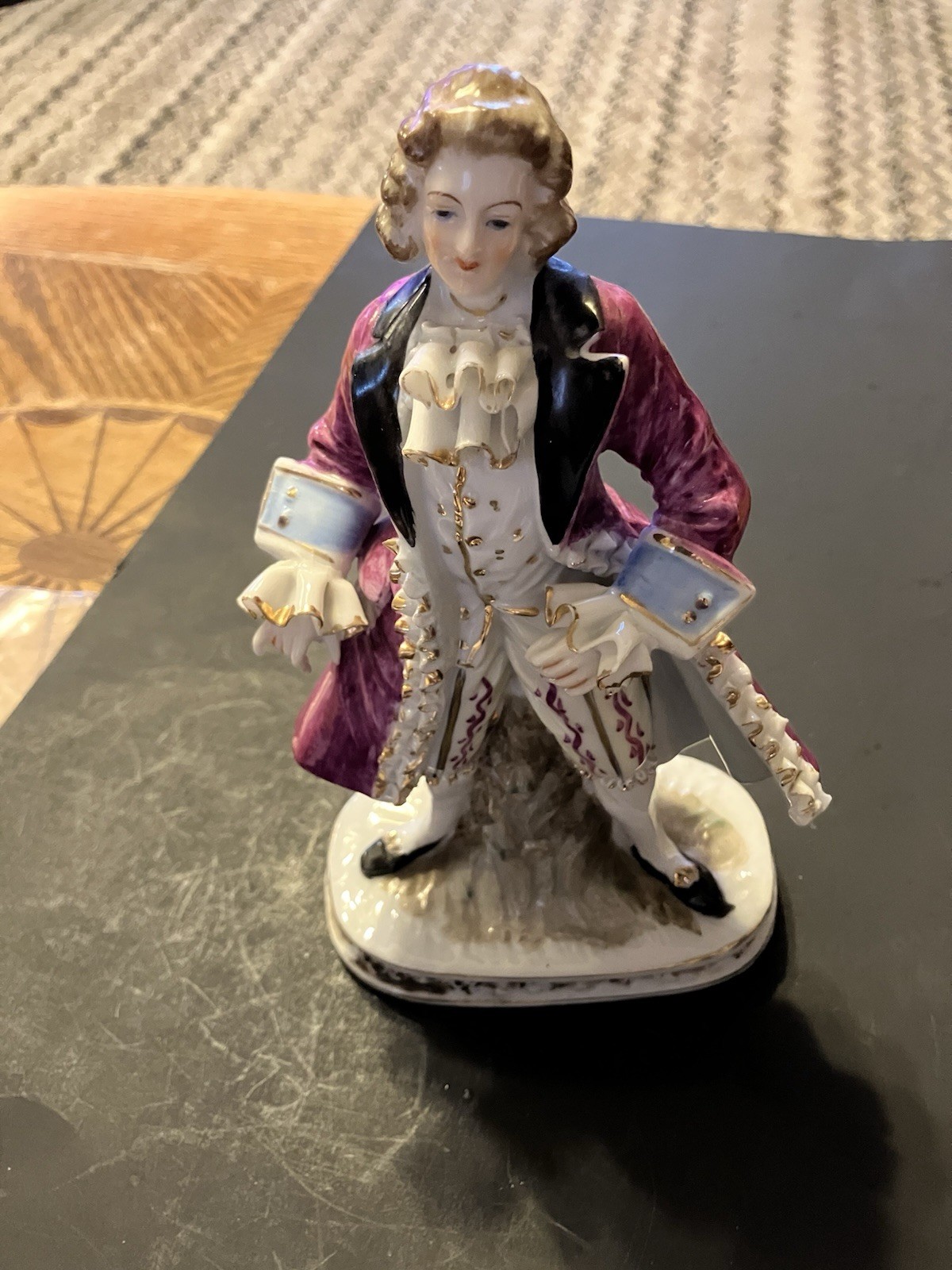 Victorian Colonial Man Porcelain Figurine, Burgundy, Coat, 9” Tall, Vintage