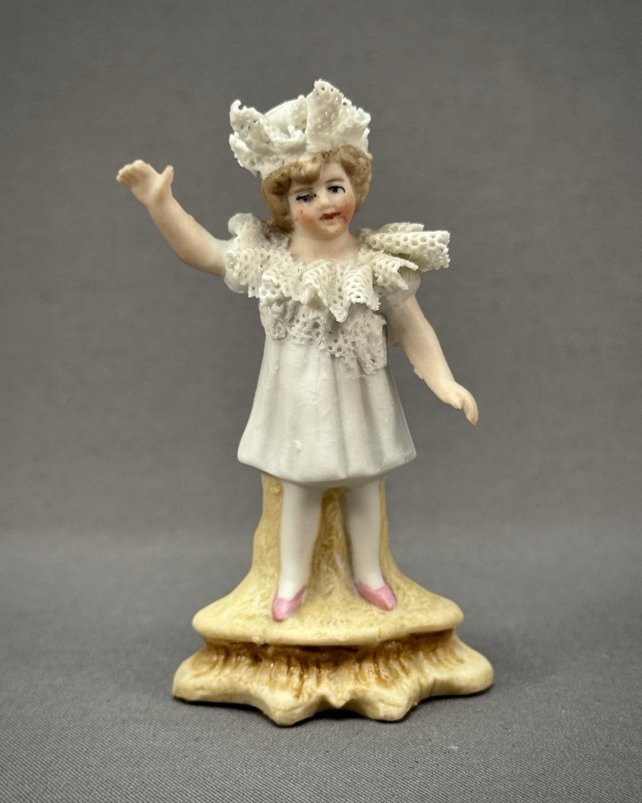 German Bisque Dresden Lace Porcelain Figurine Girl in White Dress Bonnet 3″ Tall